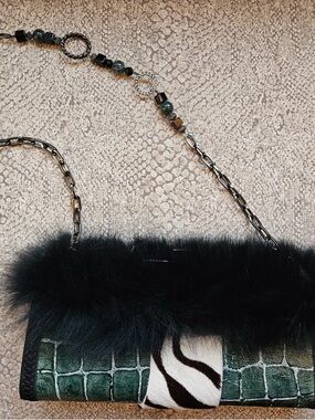 Green Croc-Embossed Faux Fur Chain Shoulder Bag